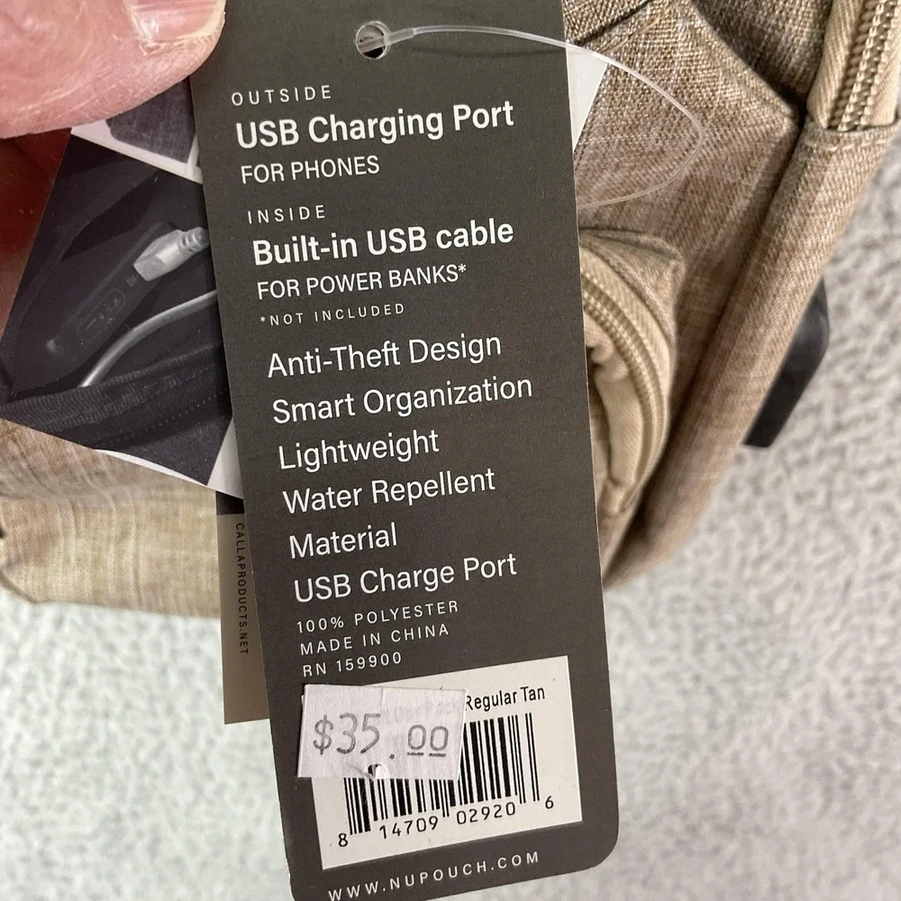 Nupouch Anti-Theft Sling Womens Small Tan Daypack Polyester Zip USB Port Light